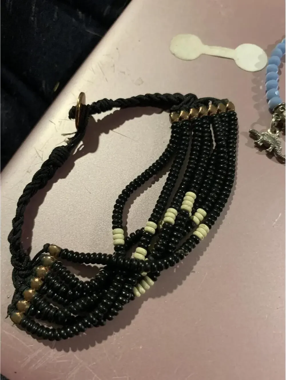 Handmade Black and White Beaded Bracelet with Braided Cord
